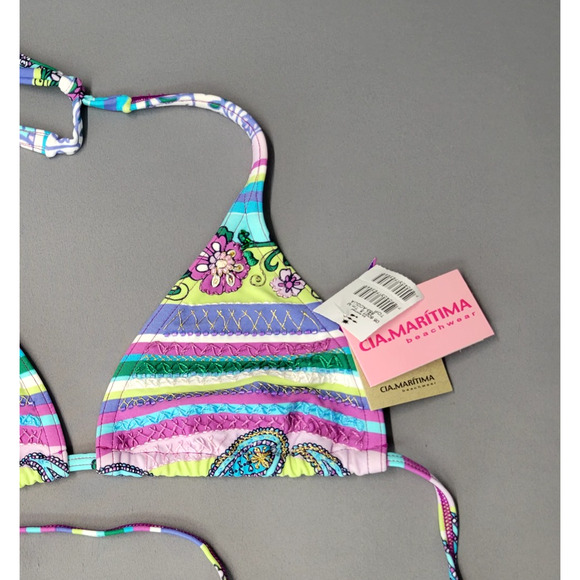 Cia Maritima Bikini Top Womens Medium Embroidered Beaded Floral Stripe Swimwear - Picture 12 of 16